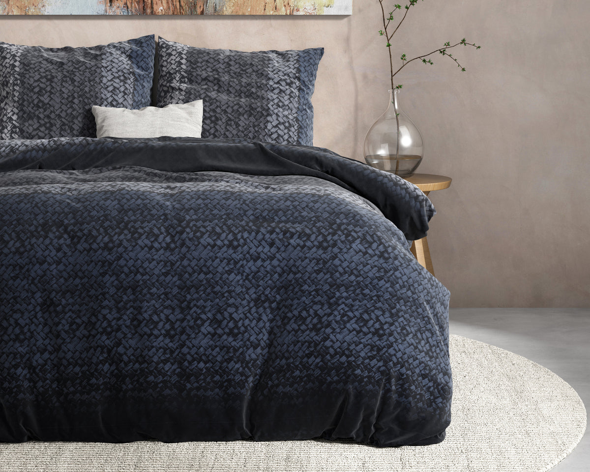 Dekbedovertrek flanel katoen gebreid kleurverloop blauw 200 x 220 cm, met 2 kussenslopen 60 x 70 cm