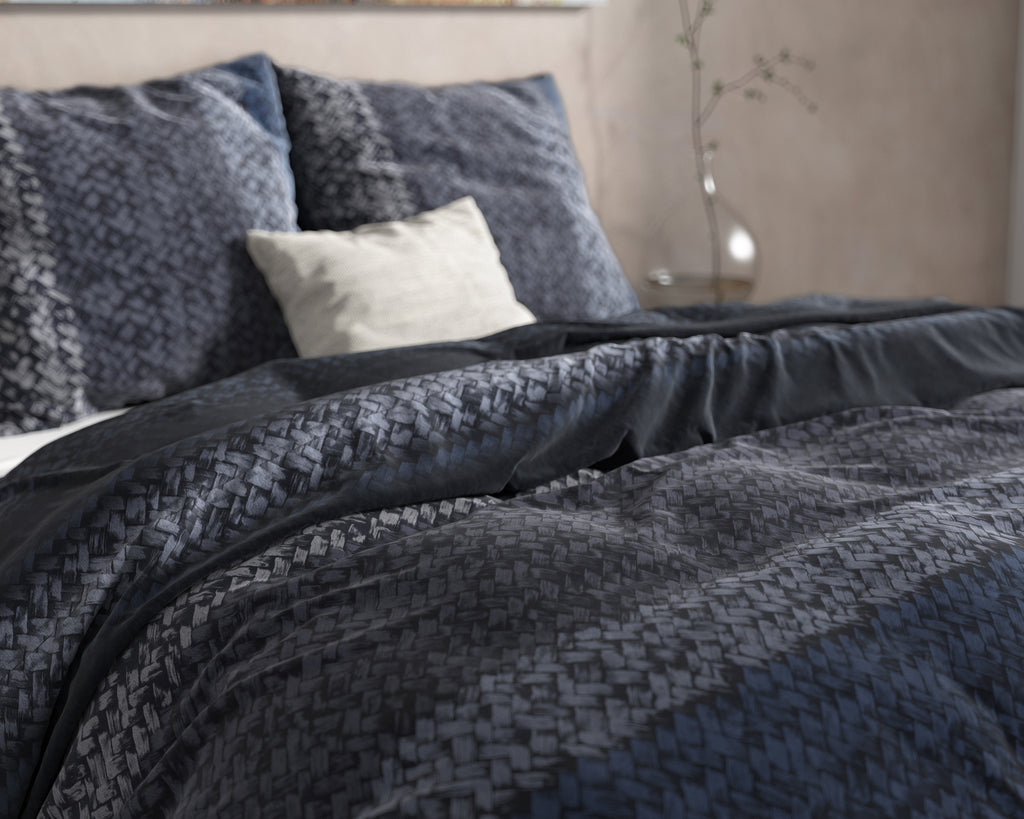 Dekbedovertrek flanel katoen gebreid kleurverloop blauw 200 x 220 cm, met 2 kussenslopen 60 x 70 cm