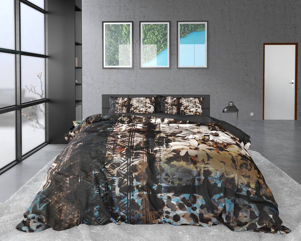 Dekbedovertrek katoensatijn Aluna meerkleurig bloemen- en dierenprint 200 x 220 cm, met 2 kussenslopen 60 x 70 cm