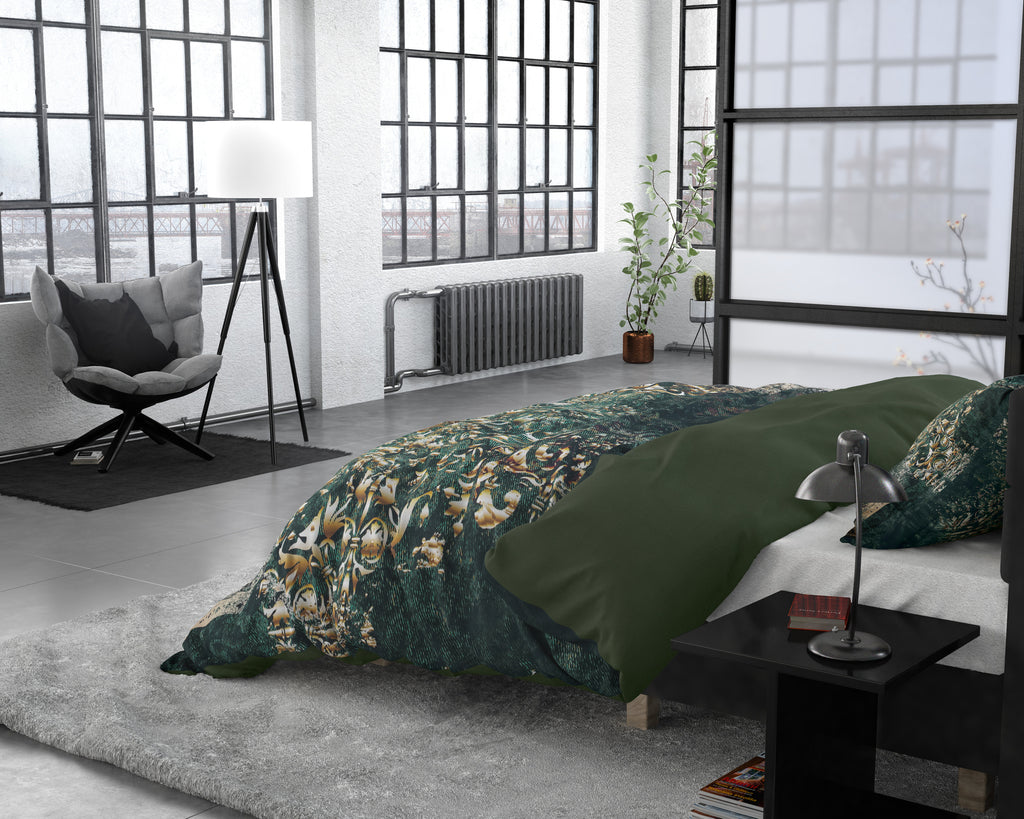 Dekbedovertrek katoensatijn Nairobi groen 200 x 220 cm, met kussenslopen 60 x 70 cm, slaapkamer