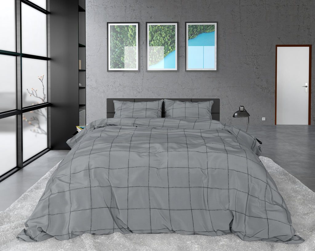 Dekbedovertrek katoensatijn Diepe ruit grijs 240 x 220 cm, met kussenslopen 60 x 70 cm, slaapkamer