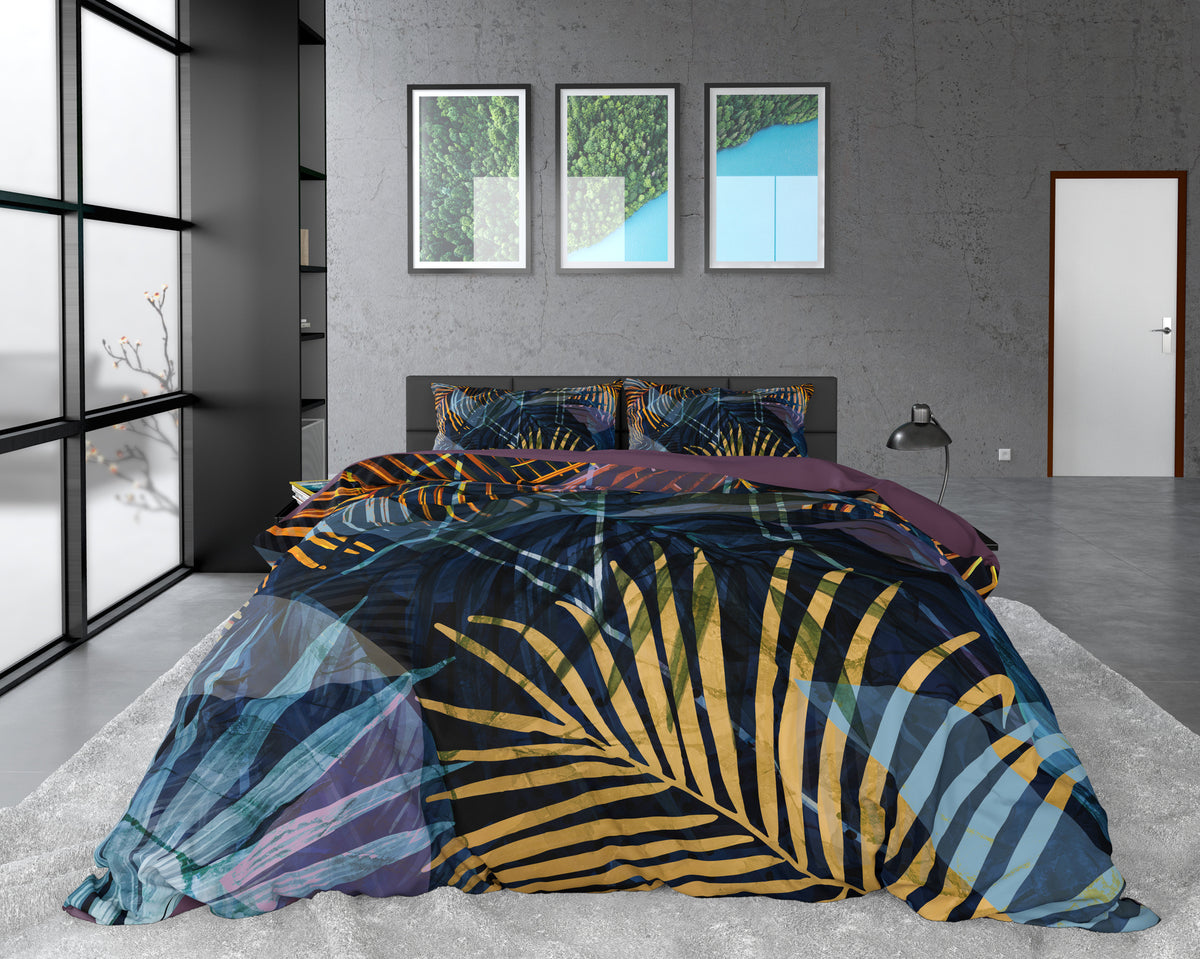 Dekbedovertrek katoensatijn tropische bladprint marineblauw 200 x 220 cm, met 2 kussenslopen 60 x 70 cm