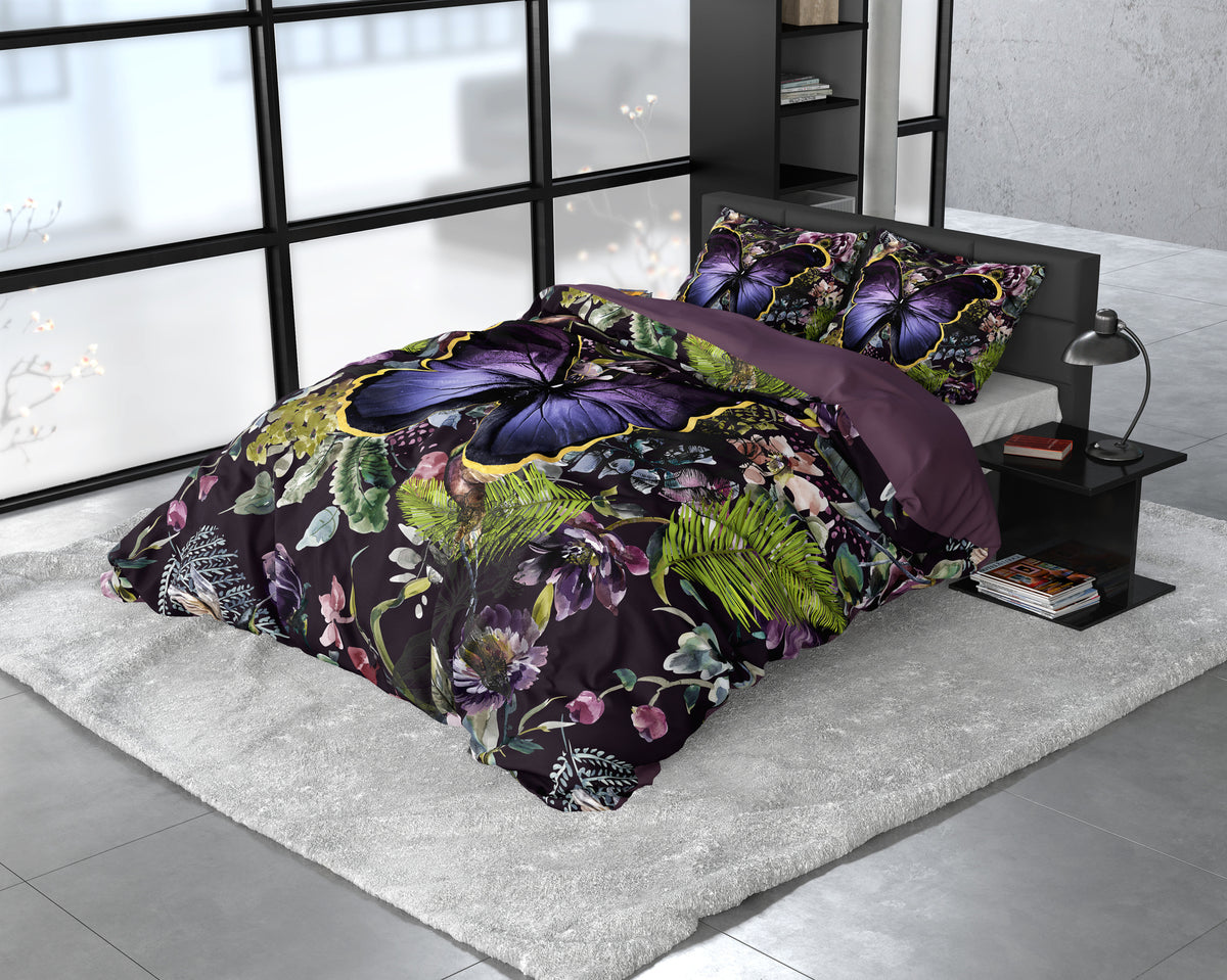Dekbedovertrek katoensatijn bloemen- en vlinderprint paars 240 x 220 cm, met kussenslopen 60 x 70 cm