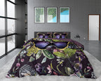 Dekbedovertrek katoensatijn bloemen- en vlinderprint paars 240 x 220 cm, met kussenslopen 60 x 70 cm