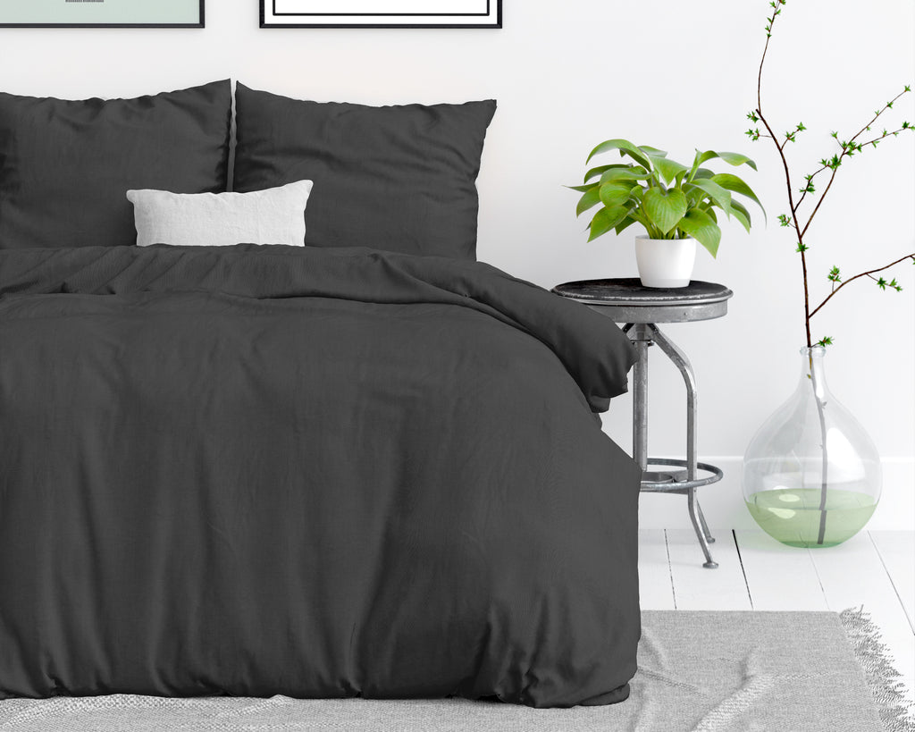 Dekbedovertrek katoen stonewashed antraciet 140 x 220 cm, met kussensloop 60 x 70 cm