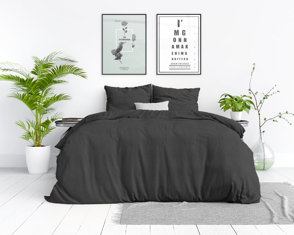 Dekbedovertrek katoen stonewashed antraciet 140 x 220 cm, met kussensloop 60 x 70 cm