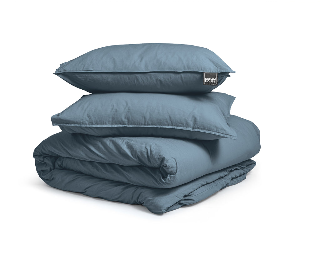 Dekbedovertrek katoen stonewashed blauw 240 x 220 cm, met kussenslopen 60 x 70 cm en drukknopen
