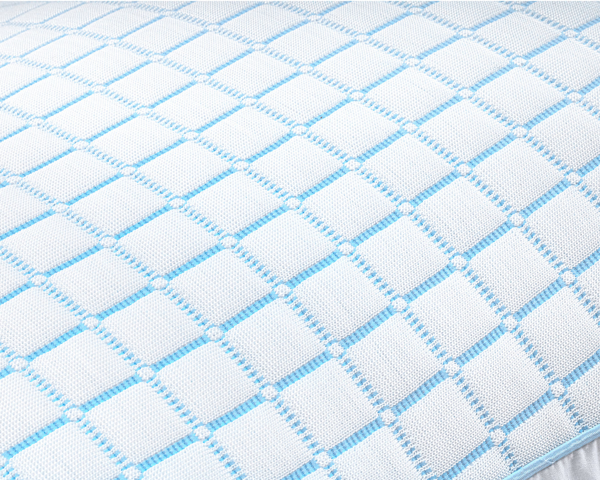 Neksteunkussen verkoelend microgel, wit met blauw, 45 x 65 cm, hoogte 8 cm, voor zij-, rug- en buikslapers