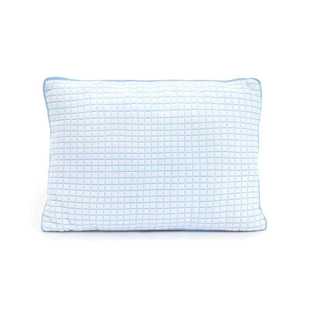 Wit rechthoekig hoofdkussen met blauw ruitpatroon en blauwe bies langs de rand