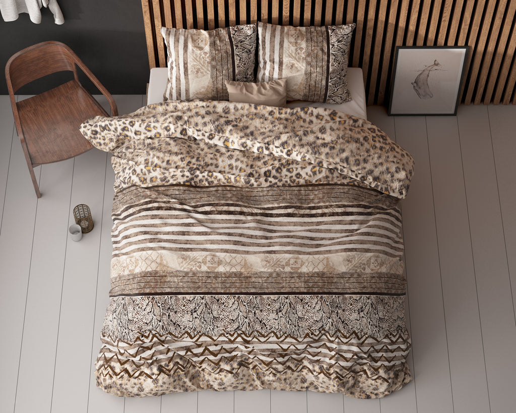 Dekbedovertrek micropercal katoen panterprint bruin 140 x 220 cm, met kussensloop 60 x 70 cm