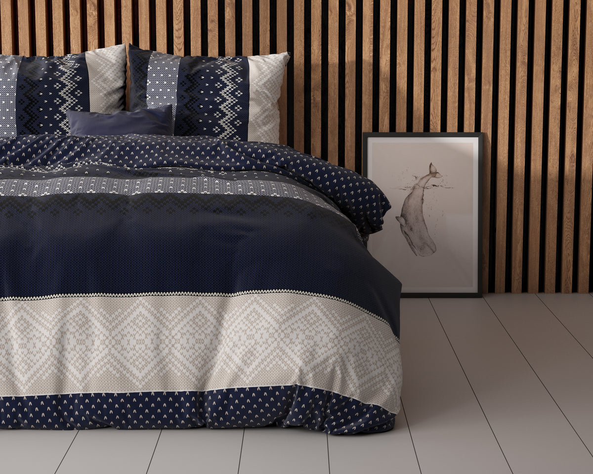 Dekbedovertrek katoenmengsel marineblauw met Noors patroon 200 x 220 cm, met 2 kussenslopen 60 x 70 cm