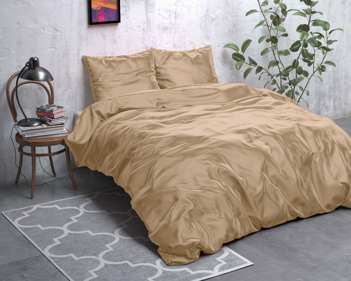 Dekbedovertrek micropercal satijn effen taupe 240 x 220 cm, met 2 kussenslopen 60 x 70 cm