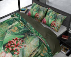 Dekbedovertrek katoensatijn groen 240 x 220 cm, tropische print met kussenslopen 60 x 70 cm
