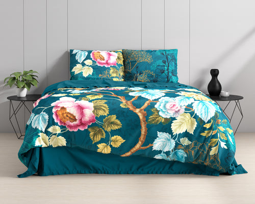Dekbedovertrek katoen Chanda bloemenprint blauw 200 x 220 cm, omkeerbaar met kussenslopen