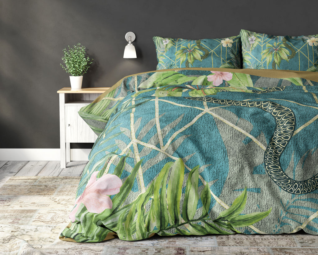 Dekbedovertrek micropercal katoen botanisch groen 240 x 220 cm, met 2 kussenslopen 60 x 70 cm
