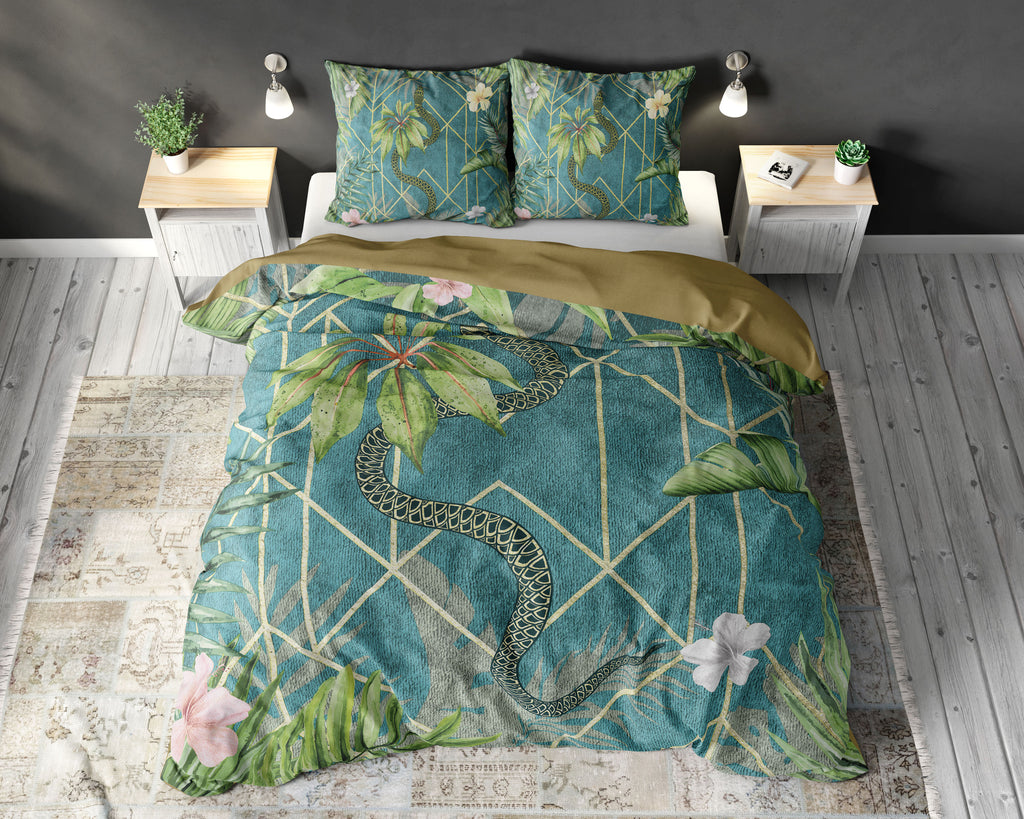 Dekbedovertrek micropercal katoen botanisch groen 240 x 220 cm, met 2 kussenslopen 60 x 70 cm