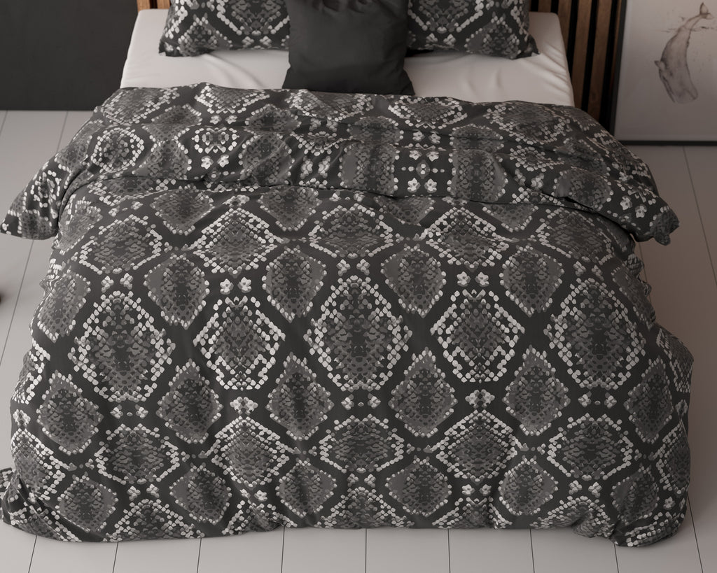 Dekbedovertrek micropercal katoen Riley antraciet slangenprint 140 x 220 cm, met kussensloop 60 x 70 cm