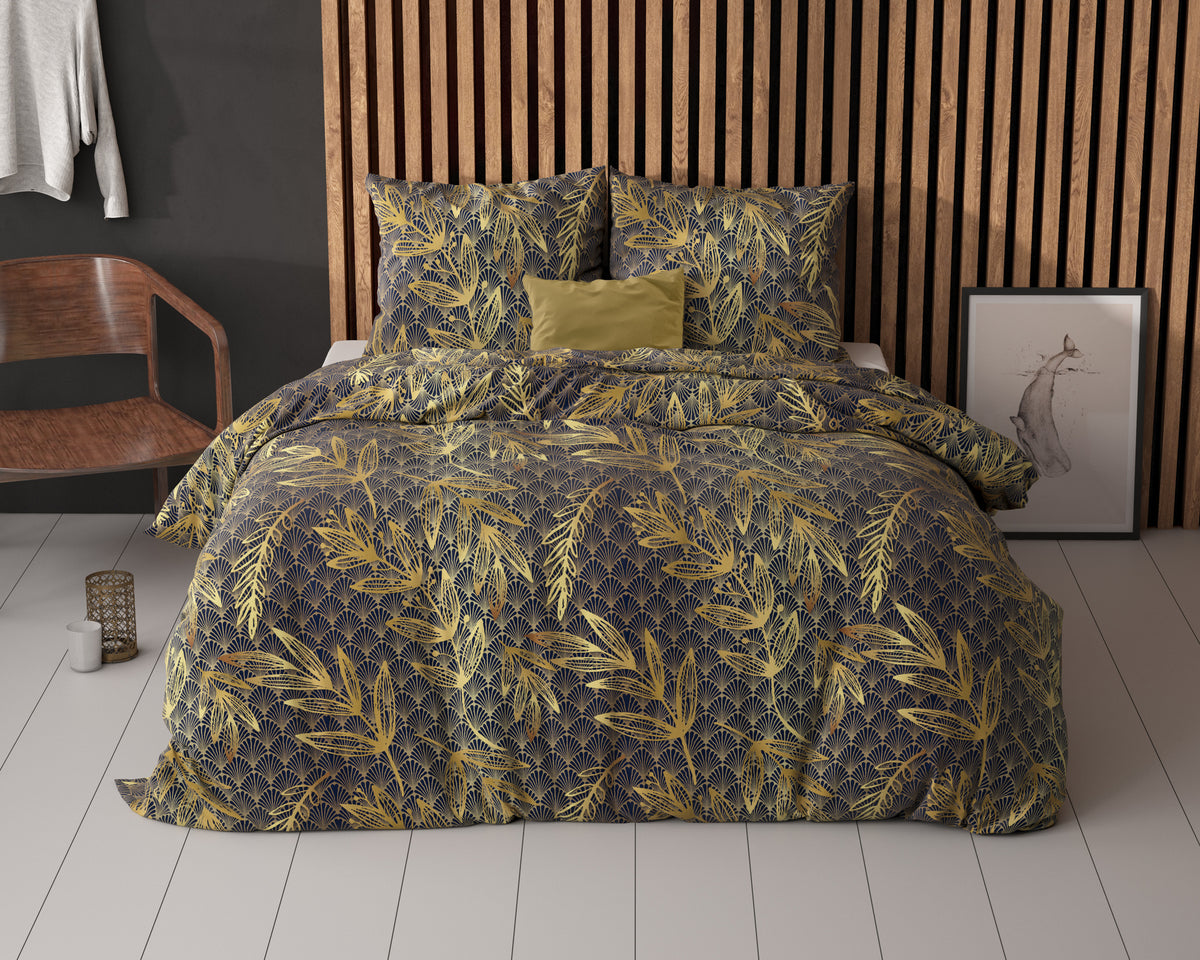 Dekbedovertrek katoenmix Goudkoorts goud met bladprint 140 x 220 cm, met kussensloop 60 x 70 cm