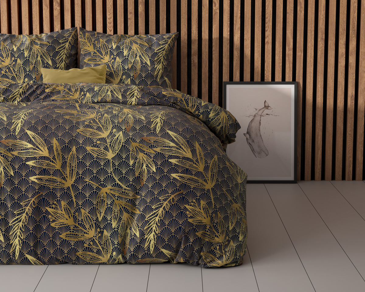 Dekbedovertrek katoenmix Goudkoorts goud met bladprint 140 x 220 cm, met kussensloop 60 x 70 cm