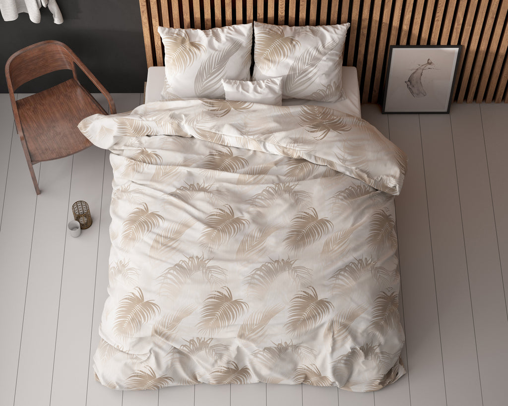 Dekbedovertrek katoen/polyester taupe palmbladeren 140 x 220 cm, met kussensloop 60 x 70 cm