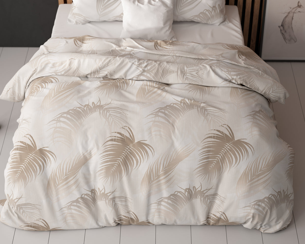 Dekbedovertrek katoen/polyester taupe palmbladeren 140 x 220 cm, met kussensloop 60 x 70 cm