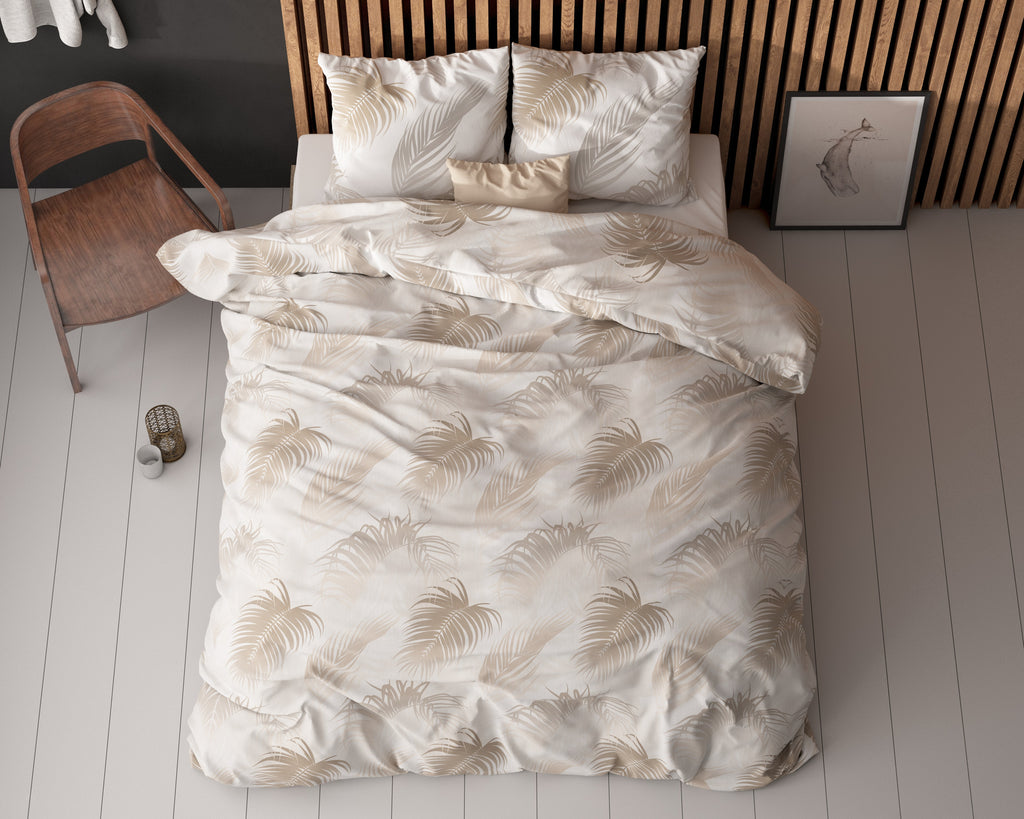 Dekbedovertrek katoen/polyester taupe palmbladeren 140 x 220 cm, met kussensloop 60 x 70 cm