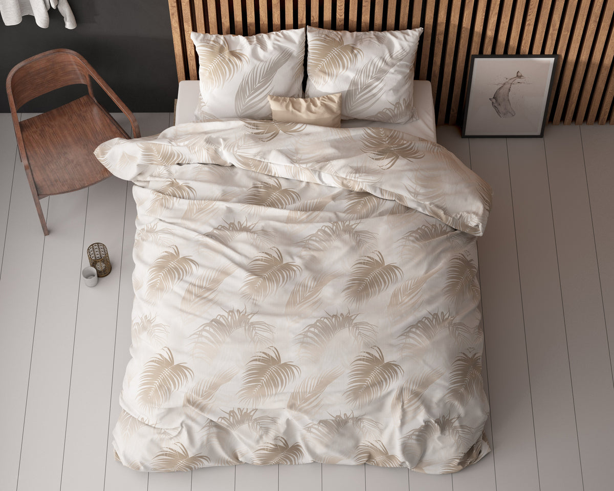 Dekbedovertrek katoen/polyester taupe palmbladeren 140 x 220 cm, met kussensloop 60 x 70 cm
