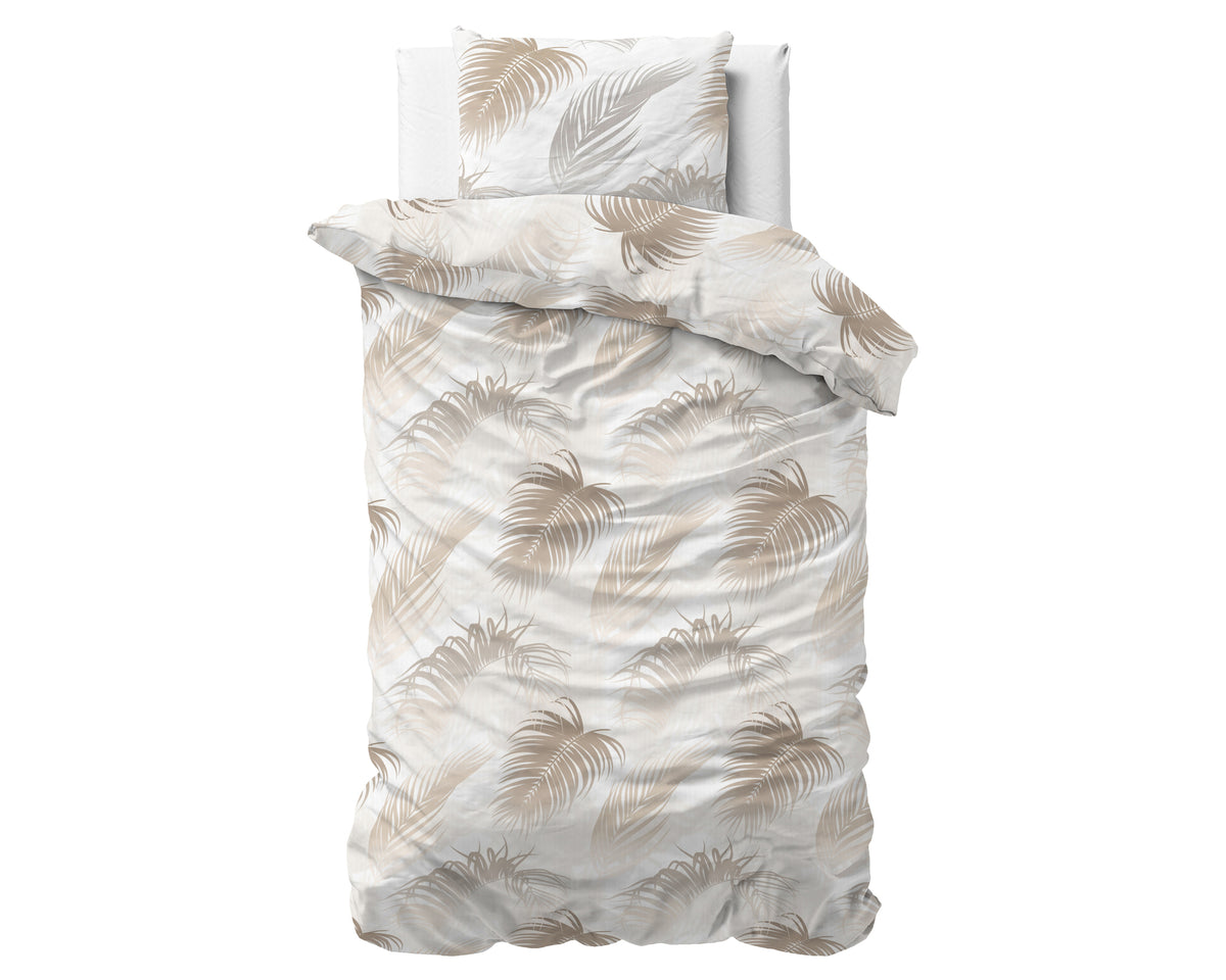Dekbedovertrek katoen/polyester taupe palmbladeren 140 x 220 cm, met kussensloop 60 x 70 cm