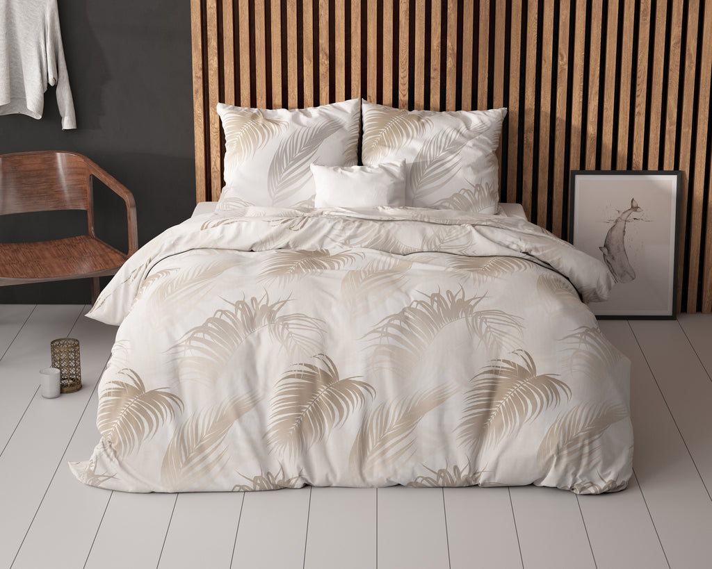 Dekbedovertrek katoen/polyester taupe palmbladeren 140 x 220 cm, met kussensloop 60 x 70 cm