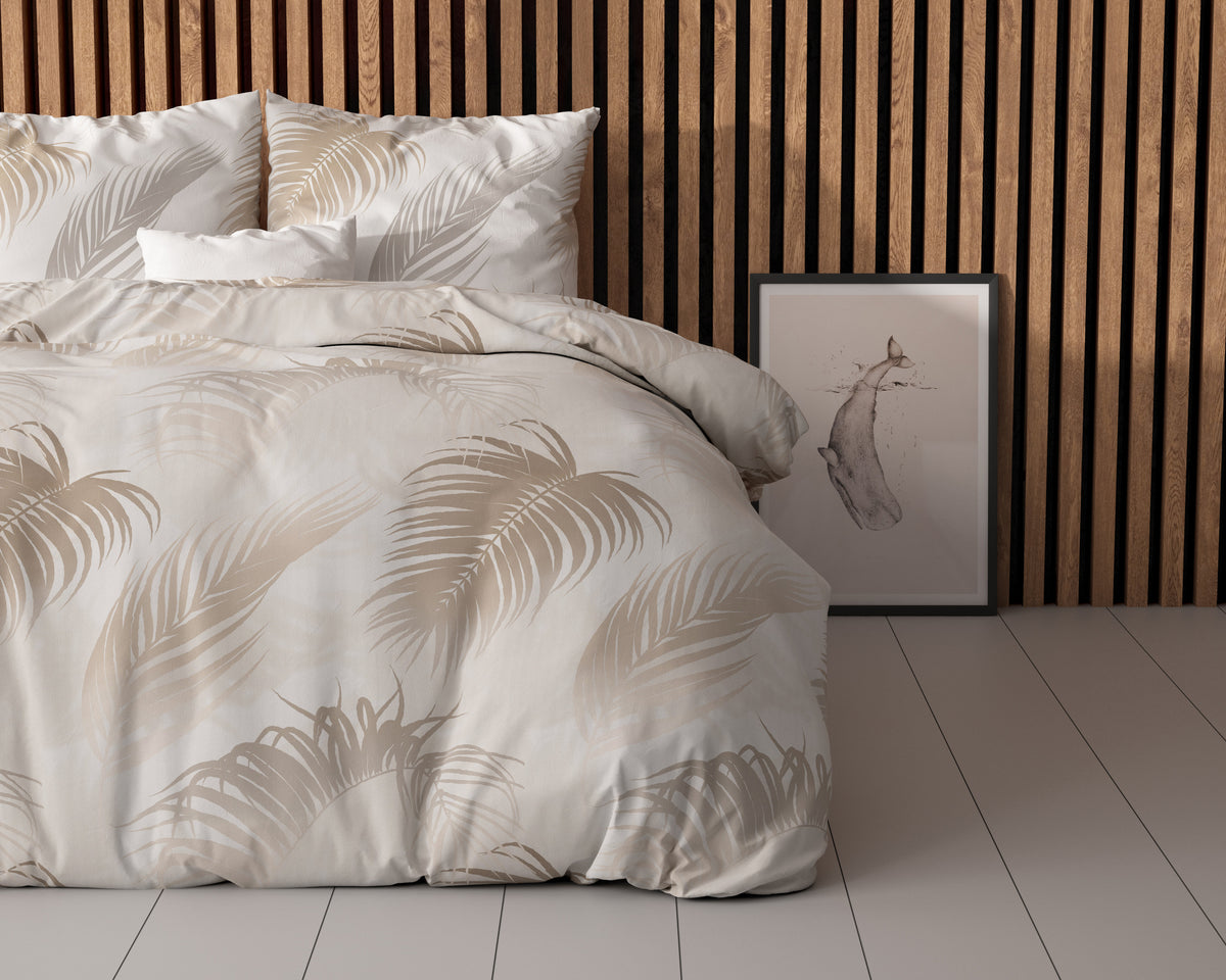 Dekbedovertrek katoen/polyester taupe palmbladeren 140 x 220 cm, met kussensloop 60 x 70 cm