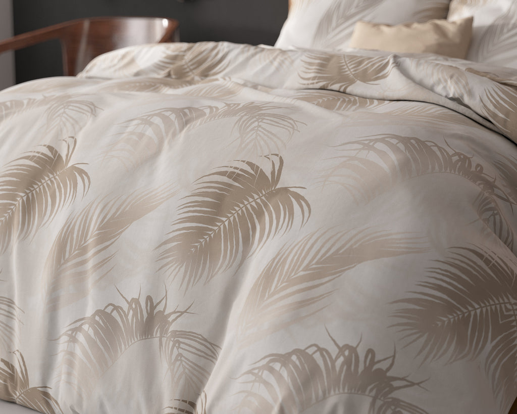 Dekbedovertrek katoen/polyester taupe palmbladeren 140 x 220 cm, met kussensloop 60 x 70 cm