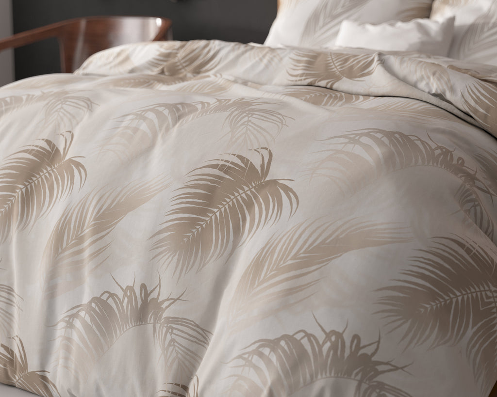 Dekbedovertrek katoen/polyester taupe palmbladeren 140 x 220 cm, met kussensloop 60 x 70 cm