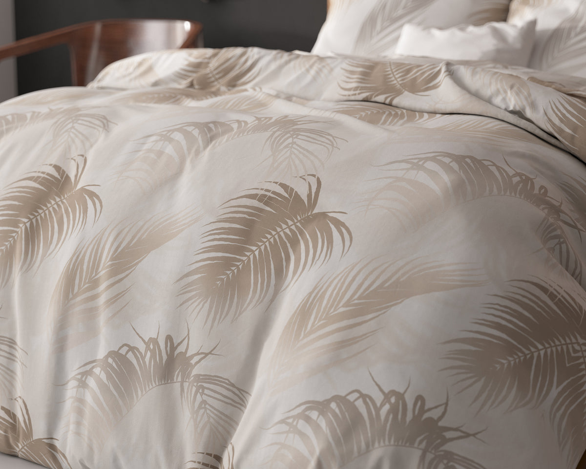 Dekbedovertrek katoen/polyester taupe palmbladeren 140 x 220 cm, met kussensloop 60 x 70 cm