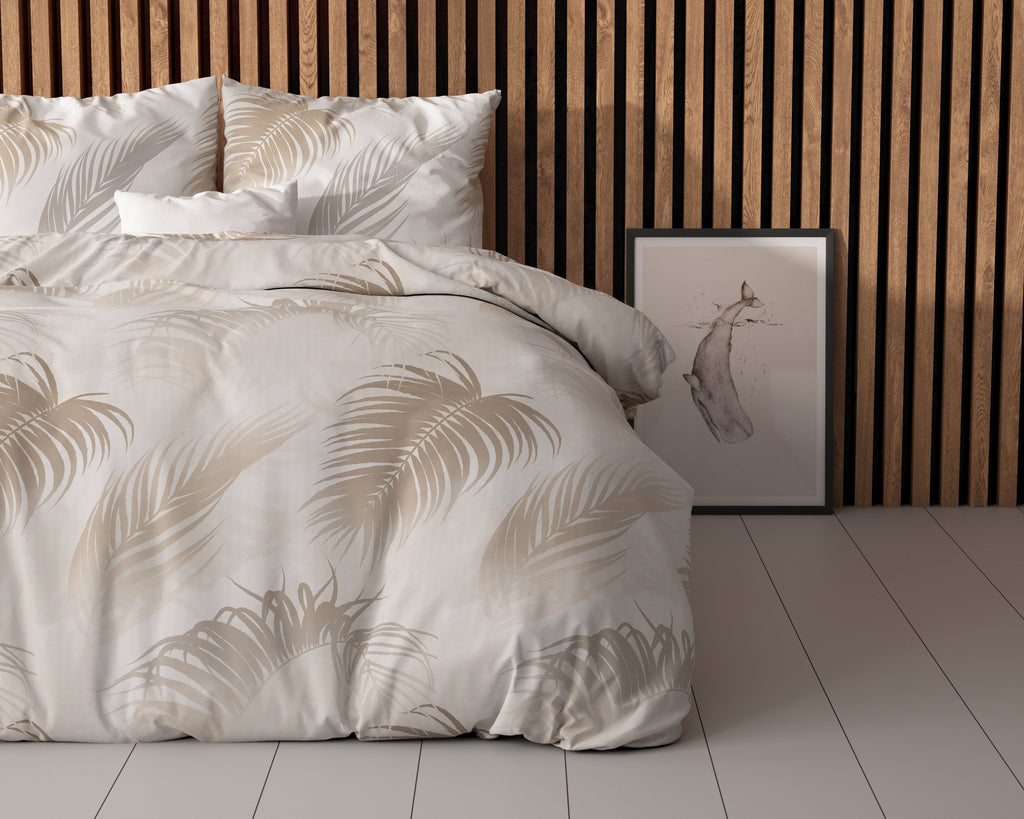 Dekbedovertrek katoen/polyester Jayda taupe met palmbladeren 240 x 220 cm, met 2 kussenslopen 60 x 70 cm
