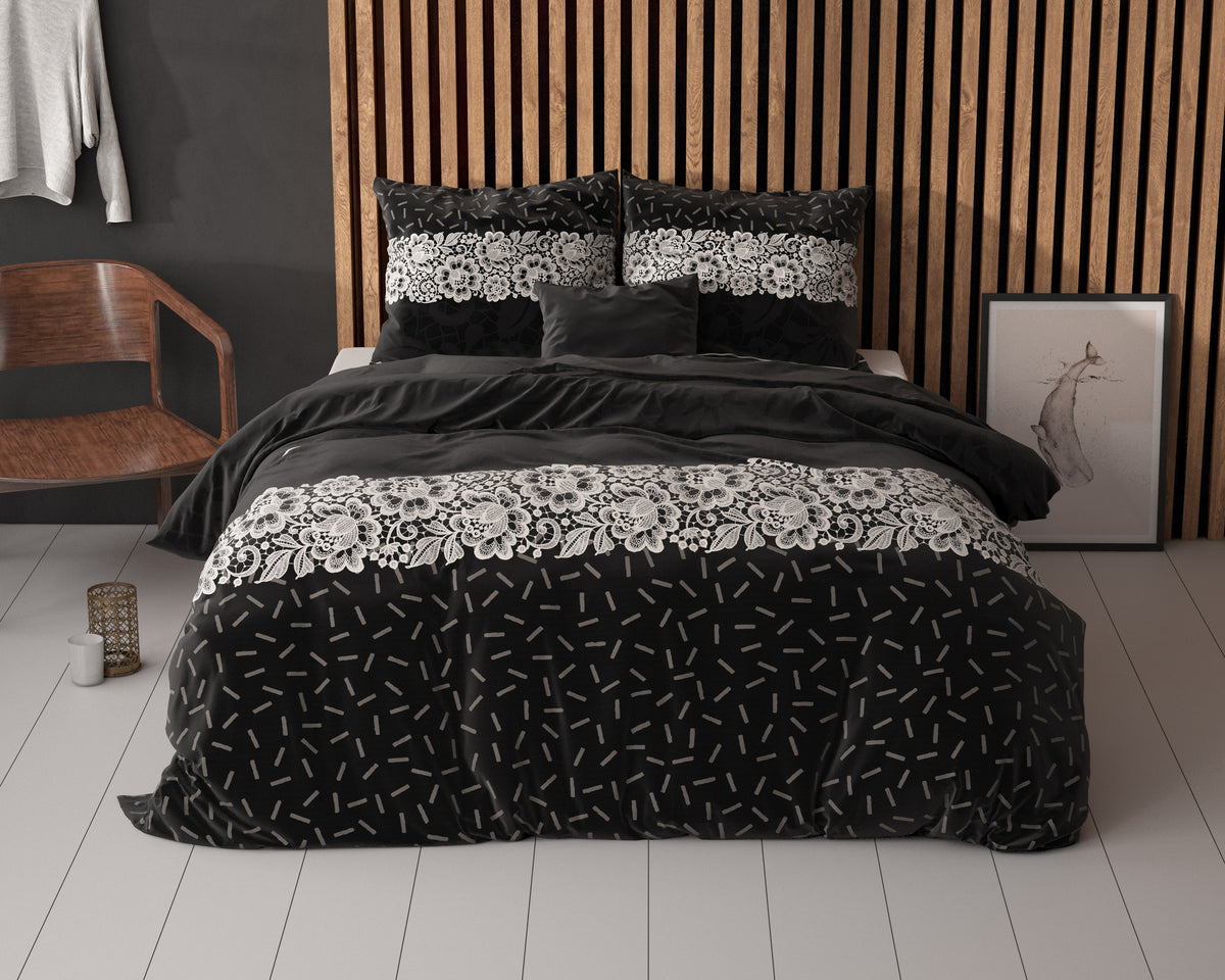 Dekbedovertrek micropercal katoen antraciet met kanten bloemenprint 240 x 220 cm, met 2 kussenslopen 60 x 70 cm