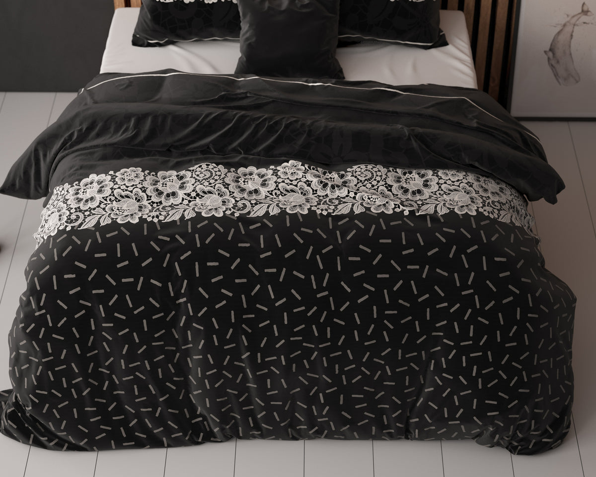 Dekbedovertrek micropercal katoen antraciet met kanten bloemenprint 240 x 220 cm, met 2 kussenslopen 60 x 70 cm