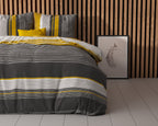Dekbedovertrek katoen polyester gestreept oker, grijs en antraciet 140 x 220 cm, met kussensloop 60 x 70 cm