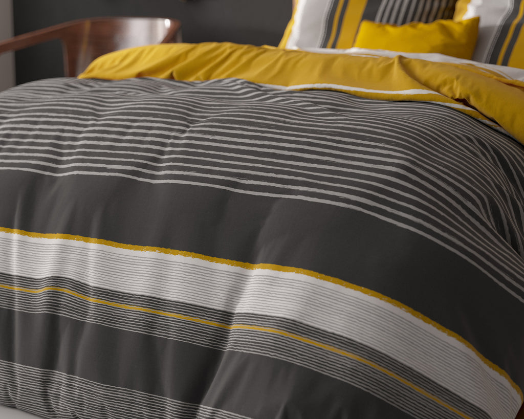 Dekbedovertrek katoen-polyester gestreept Drake oker en antraciet 200 x 220 cm, met kussenslopen 60 x 70 cm