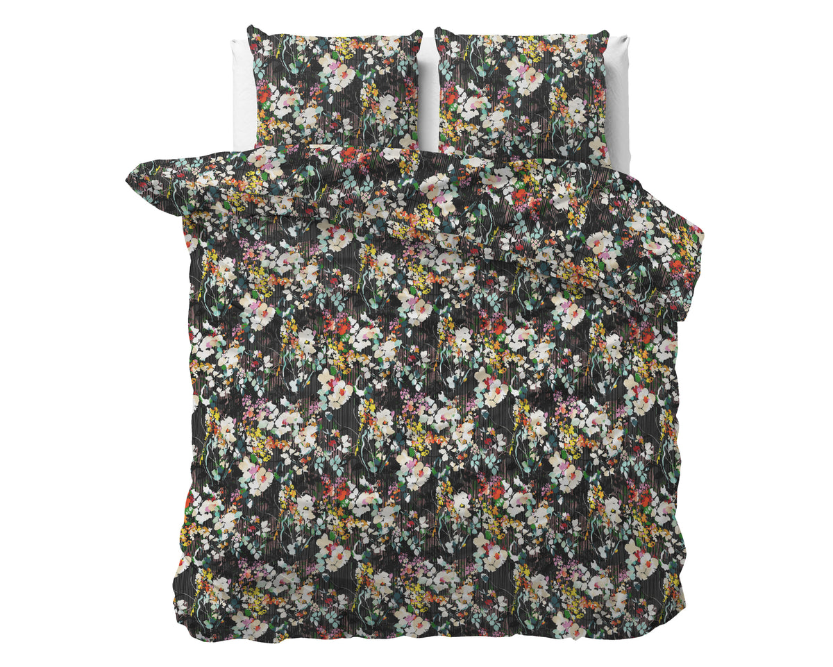 Dekbedovertrek micropercal katoen Jolisa zwart bloemenprint 240 x 220 cm, met 2 kussenslopen 60 x 70 cm