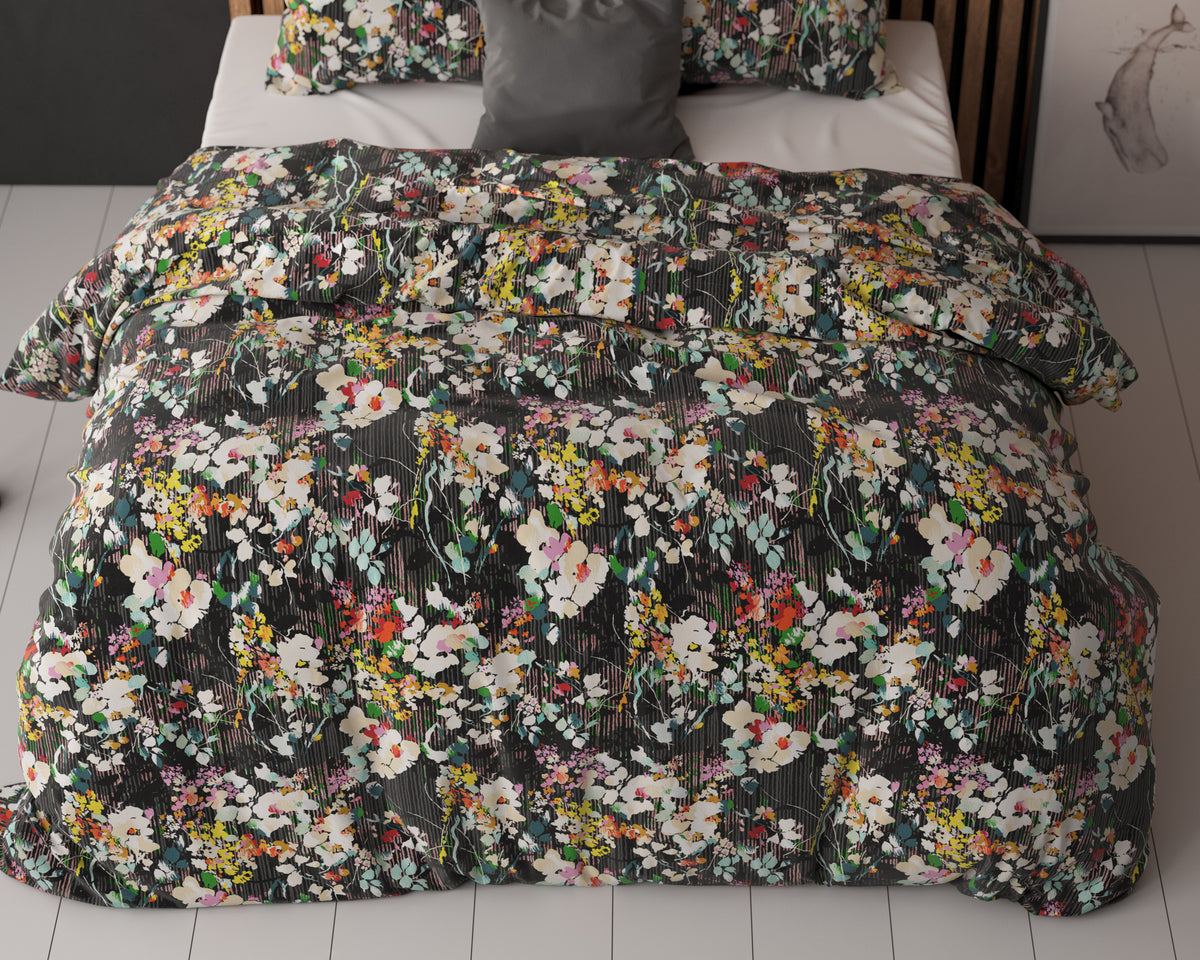 Dekbedovertrek micropercal katoen Jolisa zwart bloemenprint 240 x 220 cm, met 2 kussenslopen 60 x 70 cm