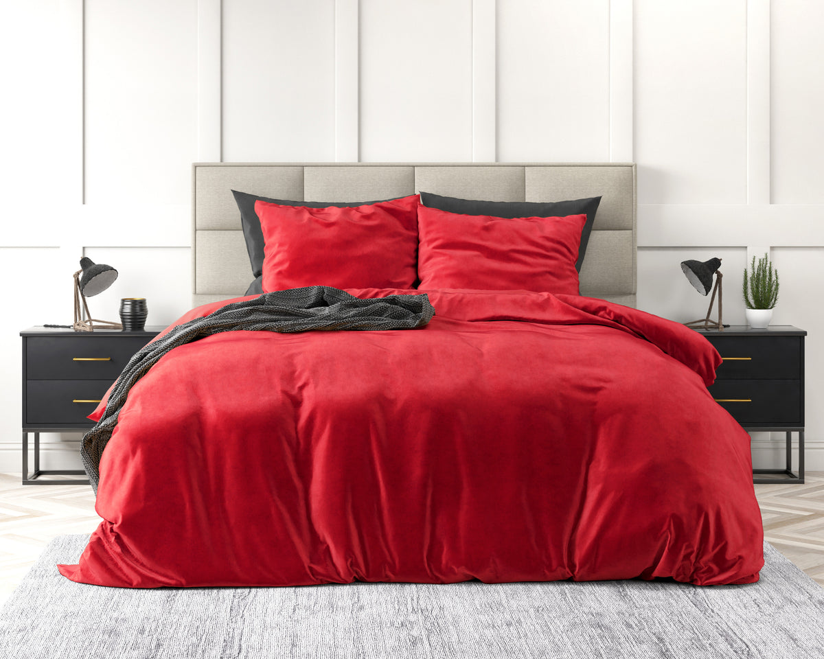 Dekbedovertrek fluweel polyester effen rood 240 x 220 cm, met 2 kussenslopen 60 x 70 cm