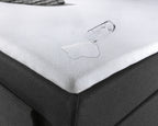 Hoek van een wit waterdicht hoeslaken op een matras, met een omgevallen glas waarvan het water op de stof blijft liggen