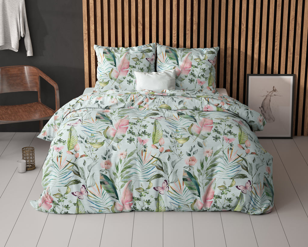 Dekbedovertrek micropercal katoen botanisch groen 140 x 220 cm, met kussensloop 60 x 70 cm, eenpersoons