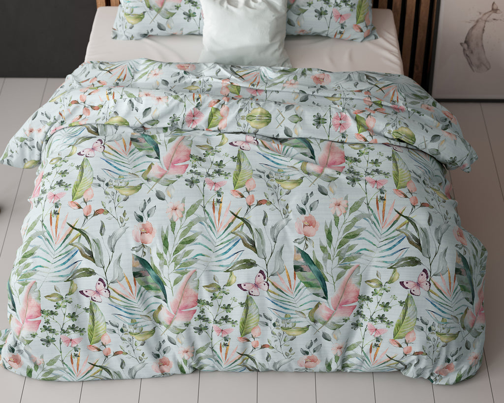 Dekbedovertrek micropercal katoen botanisch groen 140 x 220 cm, met kussensloop 60 x 70 cm, eenpersoons