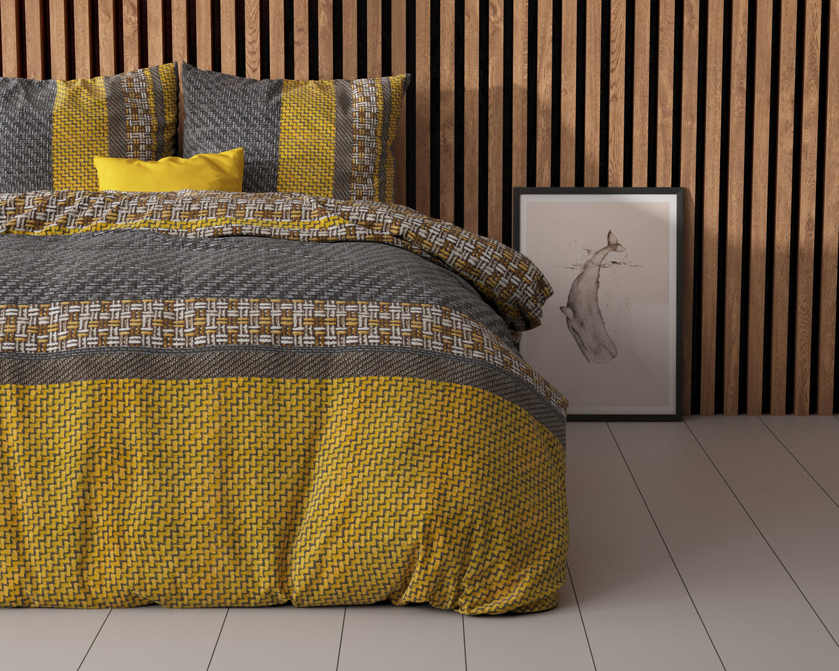 Dekbedovertrek micropercal strepen goud en antraciet 140 x 220 cm, met 1 kussensloop 60 x 70 cm