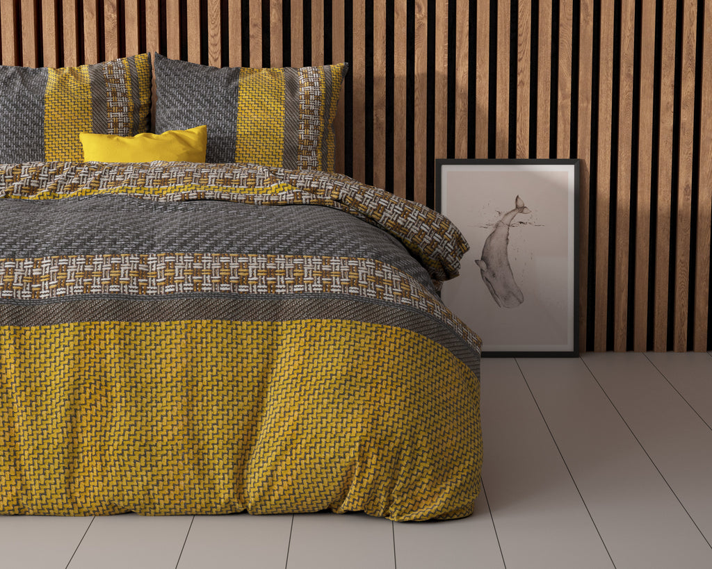 Dekbedovertrek micropercal katoen mix Altor goud en antraciet gestreept 200 x 220 cm, met 2 kussenslopen