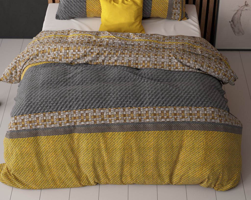 Dekbedovertrek micropercal katoen Altor goud en antraciet 240 x 220 cm, met 2 kussenslopen 60 x 70 cm
