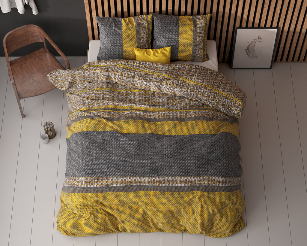 Dekbedovertrek micropercal katoen Altor goud en antraciet 240 x 220 cm, met 2 kussenslopen 60 x 70 cm