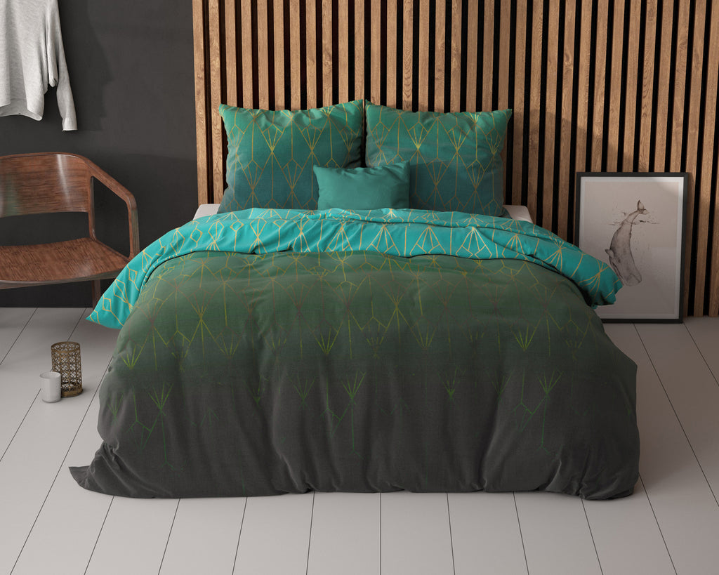 Dekbedovertrek katoen polyester Bowen groen met grafisch goudkleurig patroon 240 x 220 cm, met 2 kussenslopen