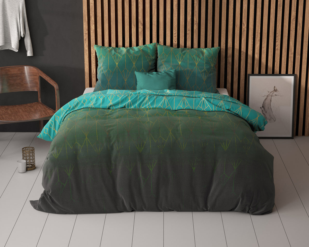 Dekbedovertrek katoen polyester Bowen groen met grafisch goudkleurig patroon 240 x 220 cm, met 2 kussenslopen